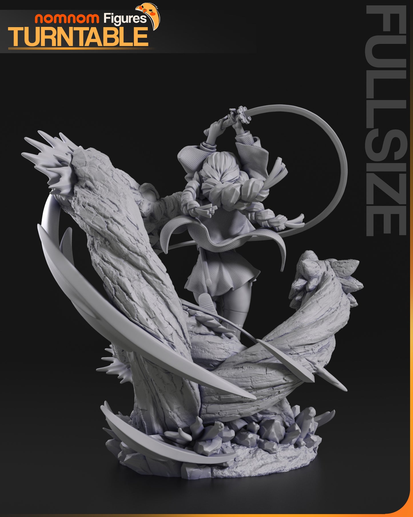 Mitsuri Kanroji miniature rear view displaying braided hair motion, flowing haori, sword arc continuation, and layered wood dragon base