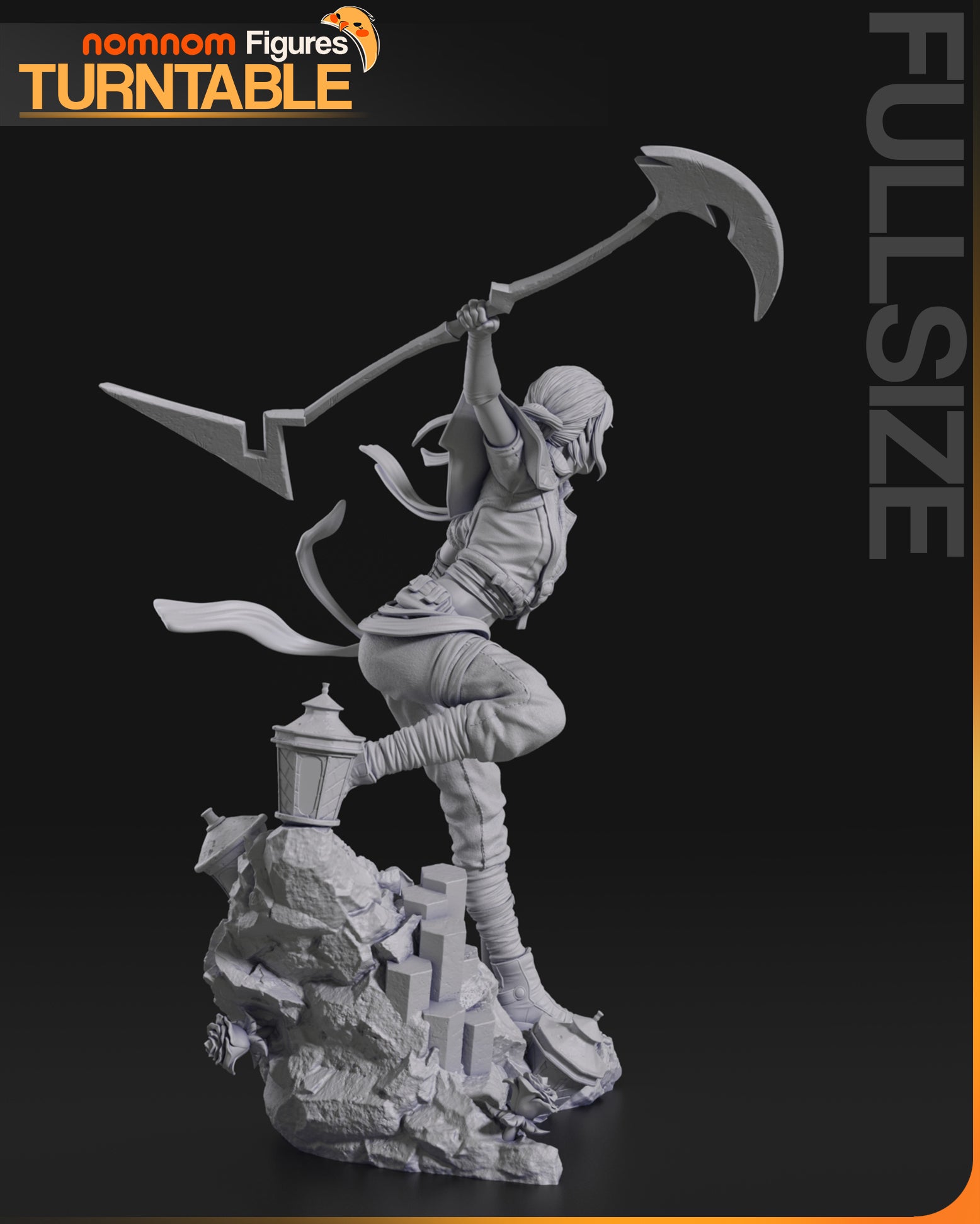 Side view of Sciel full-scale statue mid-leap, brandishing her scythe with dynamic motion.