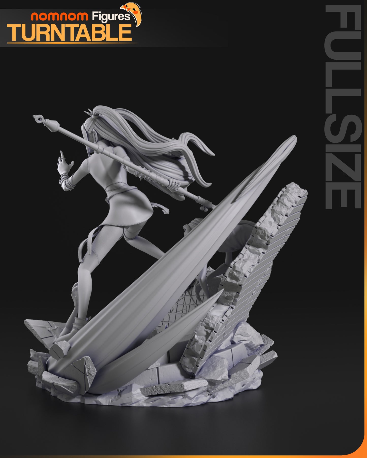 Rear view of unpainted Mira statue highlighting her hair, staff, and curved energy effect behind her.