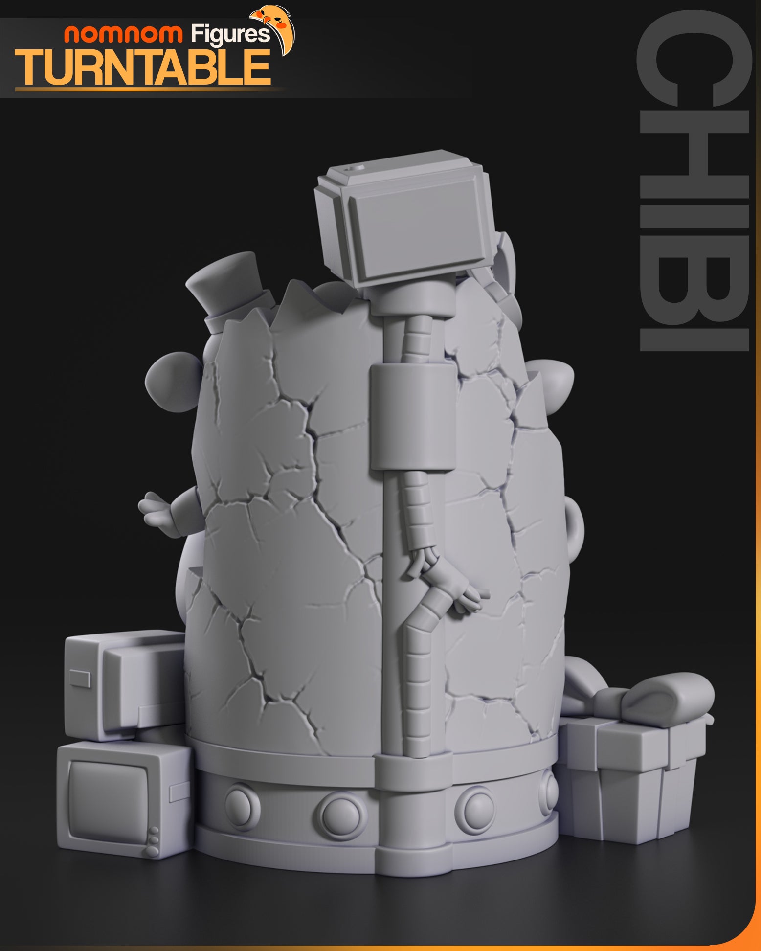 five nights at freddy’s chibi diorama grayscale rear view showing cracked wall texture robotic arm and stacked props around the base