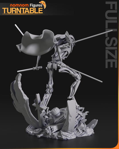 Back-angle view of General Grievous statue with flowing cape and extended arms, standing on a base of broken tech and debris.
