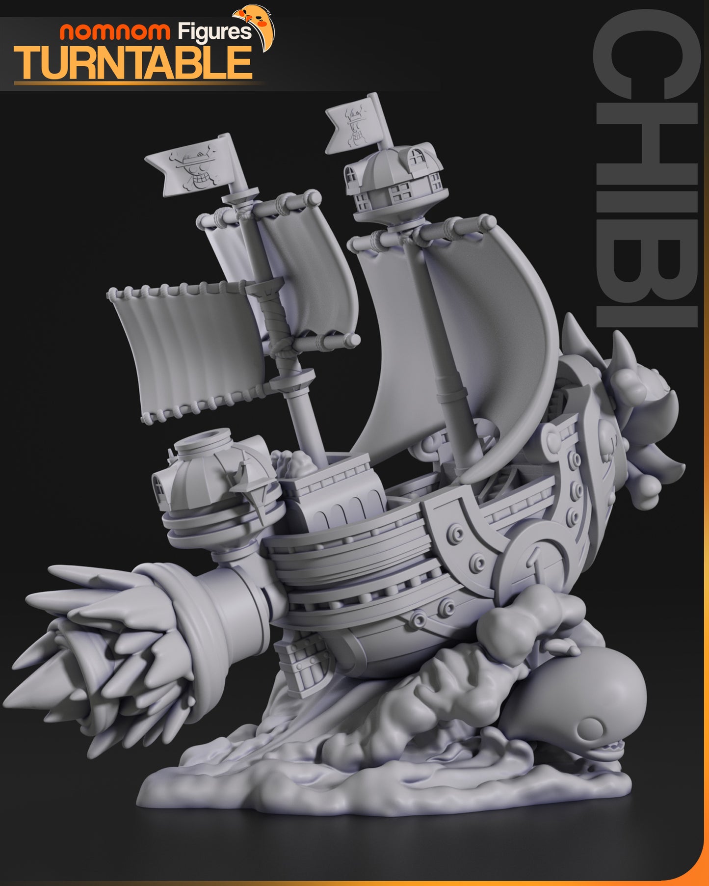 Rear view of Chibi Thousand Sunny unpainted model, showing the rear paddle engine, twin masts with flags, and swirling water base wrapping around the stern.