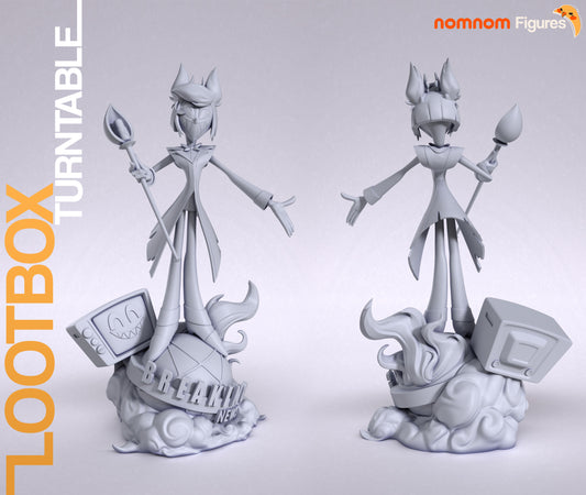 Alastor Hazbin Hotel 1:10 scale figure front and back views showing tall stance, staff in hand, and TV base with Breaking News lettering.