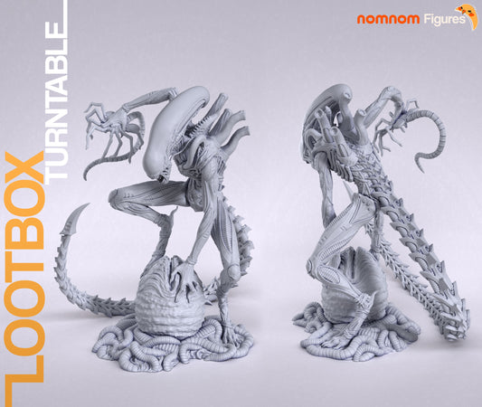 xenomorph 1:10 scale alien creature statue crouched over open egg with facehugger raised biomechanical details long tail collectible figure dm minis