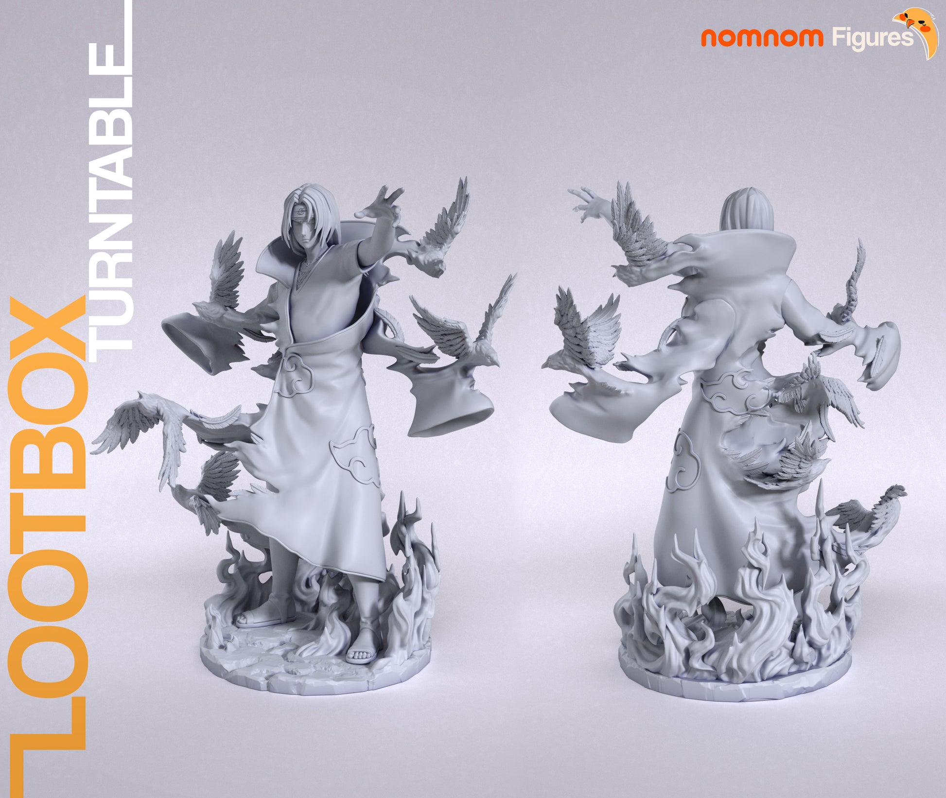 Itachi Uchiha unpainted collectible statue showing Akatsuki robe sculpt, dynamic sleeve motion, crow effects, and balanced stance