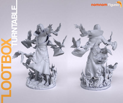 Itachi Uchiha unpainted collectible statue showing Akatsuki robe sculpt, dynamic sleeve motion, crow effects, and balanced stance
