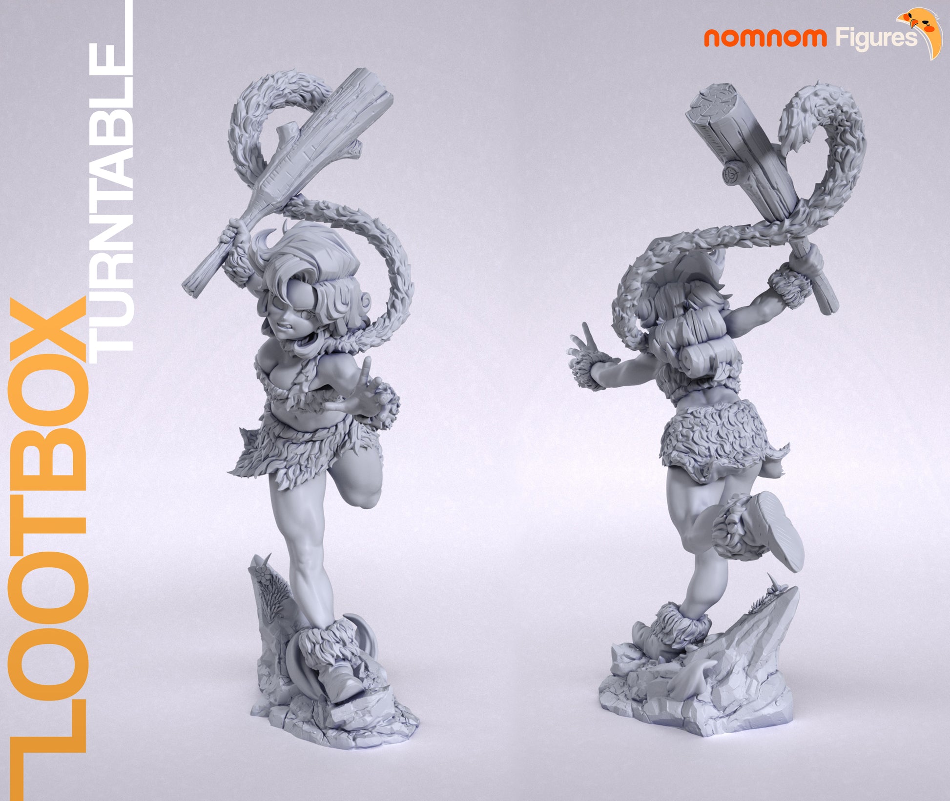 Unpainted front and back views of Ayla figure in charging pose with club raised – 1:10 scale Chrono Trigger collectible statue.