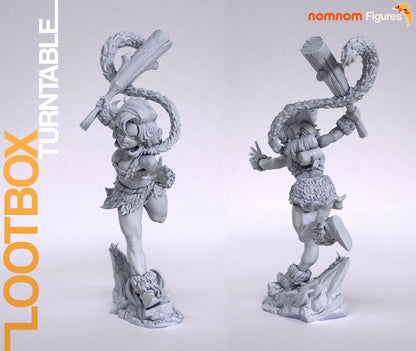 Unpainted front and back views of Ayla figure in charging pose with club raised – 1:10 scale Chrono Trigger collectible statue.