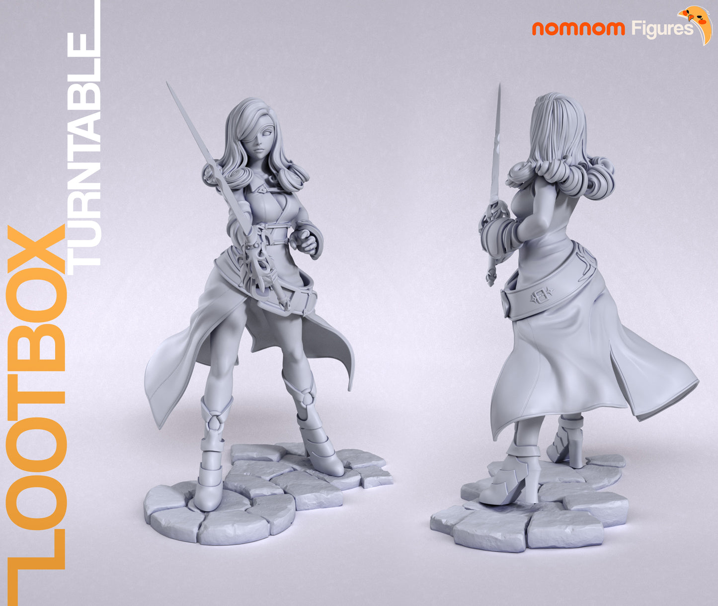 Beatrix figurine front and back view showing full sculpted detail, sword in hand and cloak flowing, posed on a cobbled stone base.