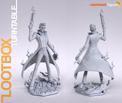 Percival De Rolo 1:10 scale figure back view showing long coat, holstered mask, and smoke details around stone base, Critical Role Vox Machina collectible