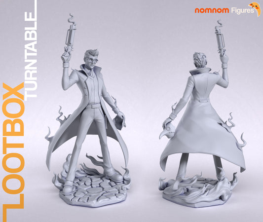 Percival De Rolo 1:10 scale figure back view showing long coat, holstered mask, and smoke details around stone base, Critical Role Vox Machina collectible