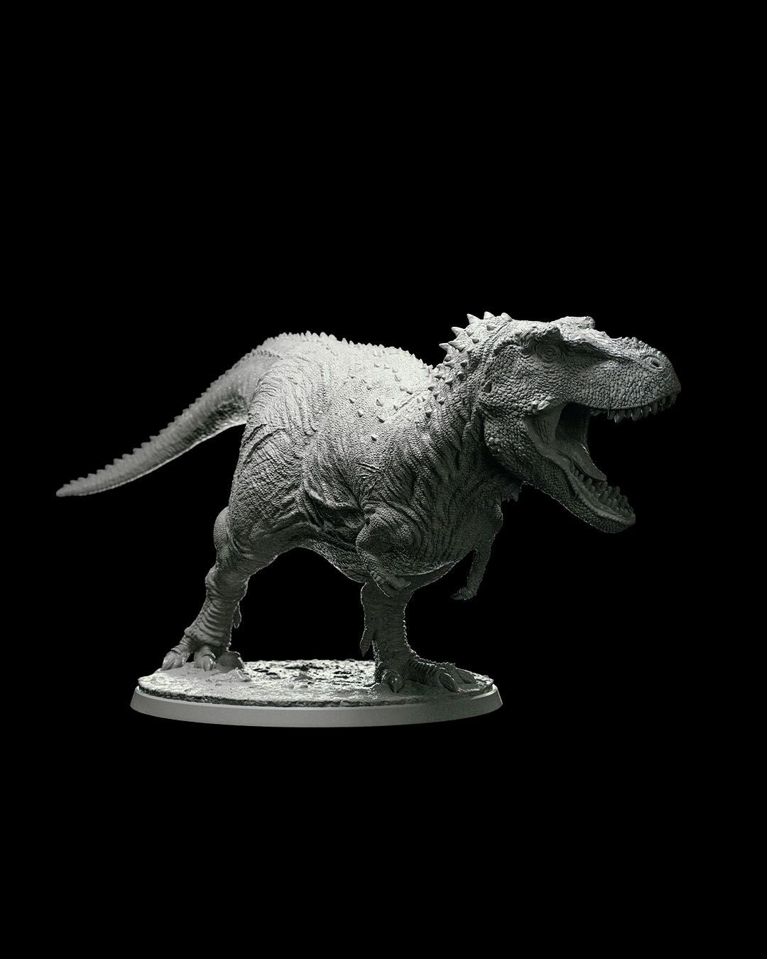 Tyran T-Rex miniature model with a dynamic pose, showcasing powerful muscles and sharp teeth, suitable for tabletop RPGs and wargames.