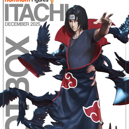 Itachi Uchiha 1:10 scale collectible figure featuring Akatsuki cloak, extended arm pose, crow genjutsu effects, and flame-themed display base