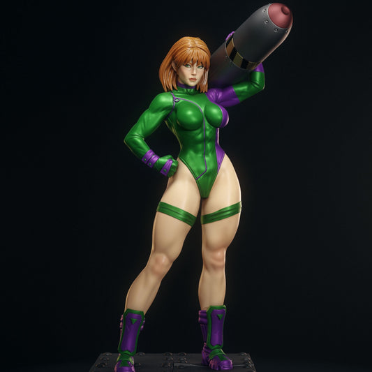 Caitlin Fairchild 1:4 scale figure front view standing on an industrial metal base, holding a large rocket over her shoulder, wearing a fitted bodysuit with boots and straps, DC Comics collectible statue.