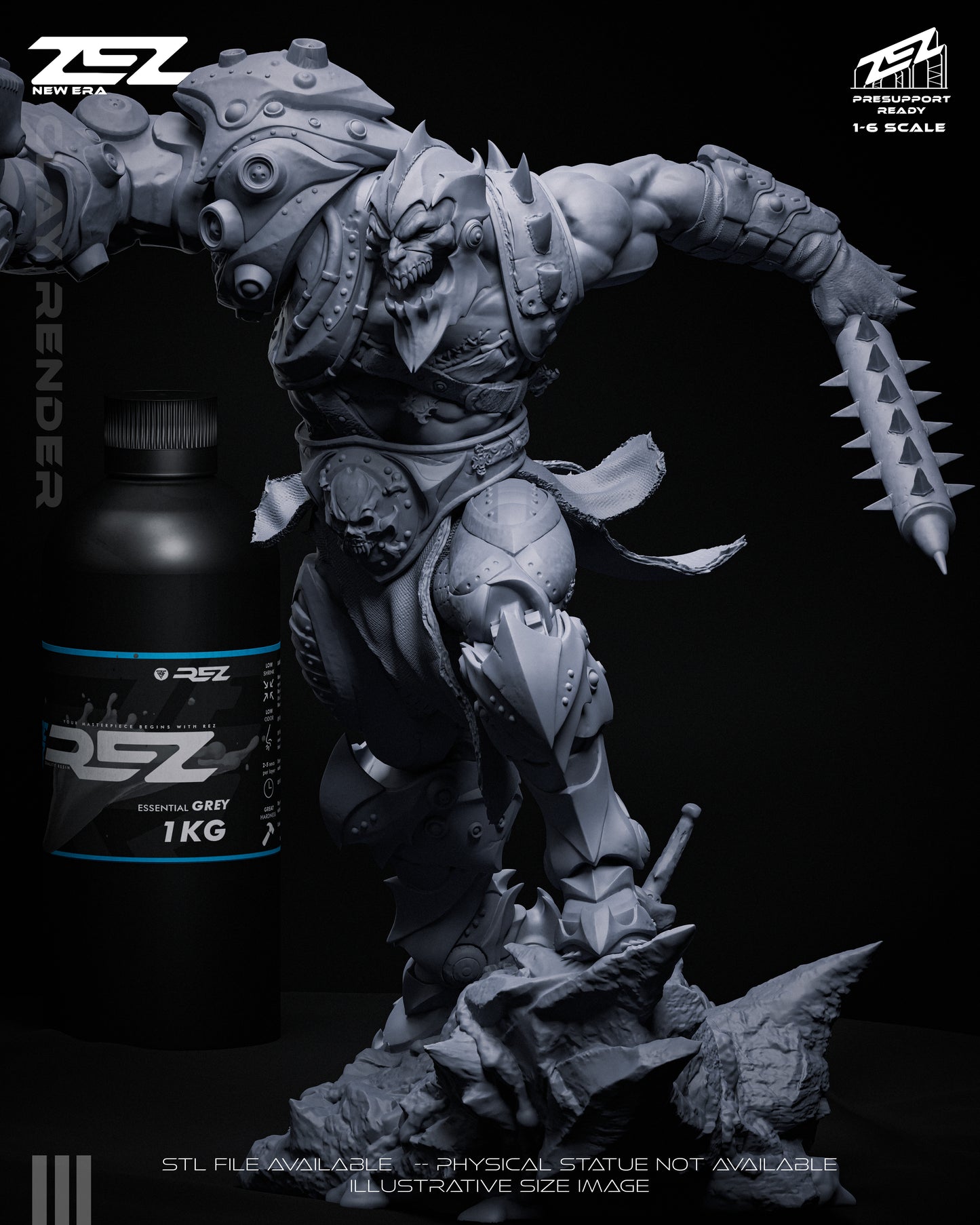 Trapjaw unpainted 1:6 scale figure front view, cyborg warrior anatomy, mechanical shoulder and arm, spiked weapon, armored legs, rocky base