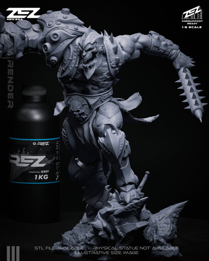 Trapjaw unpainted 1:6 scale figure front view, cyborg warrior anatomy, mechanical shoulder and arm, spiked weapon, armored legs, rocky base