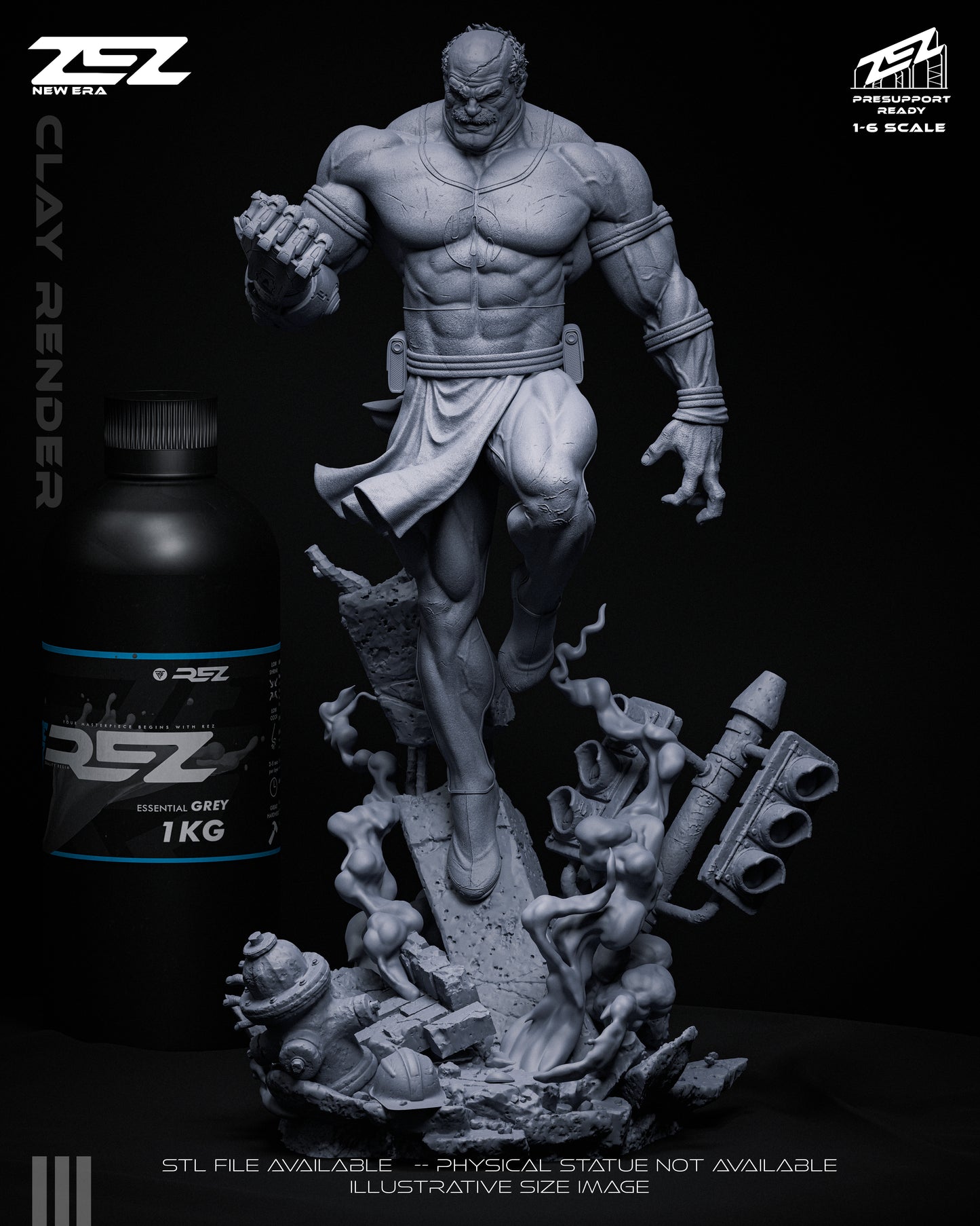 Clay render of Conquest from the front with textured rubble, crushed signs, and swirling smoke beneath him.