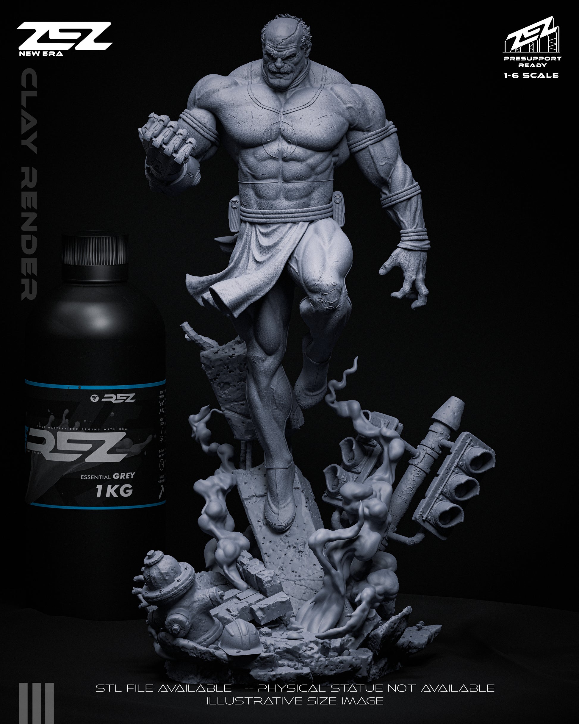 Clay render of Conquest from the front with textured rubble, crushed signs, and swirling smoke beneath him.