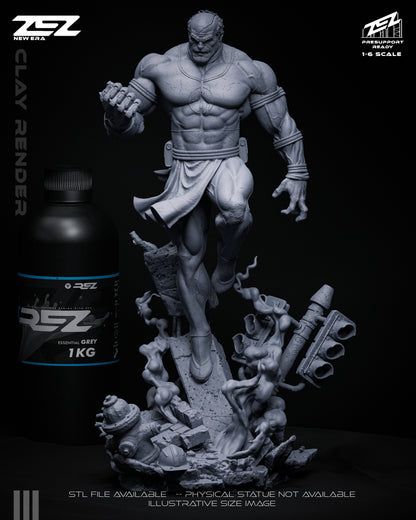 Clay render of Conquest from the front with textured rubble, crushed signs, and swirling smoke beneath him.