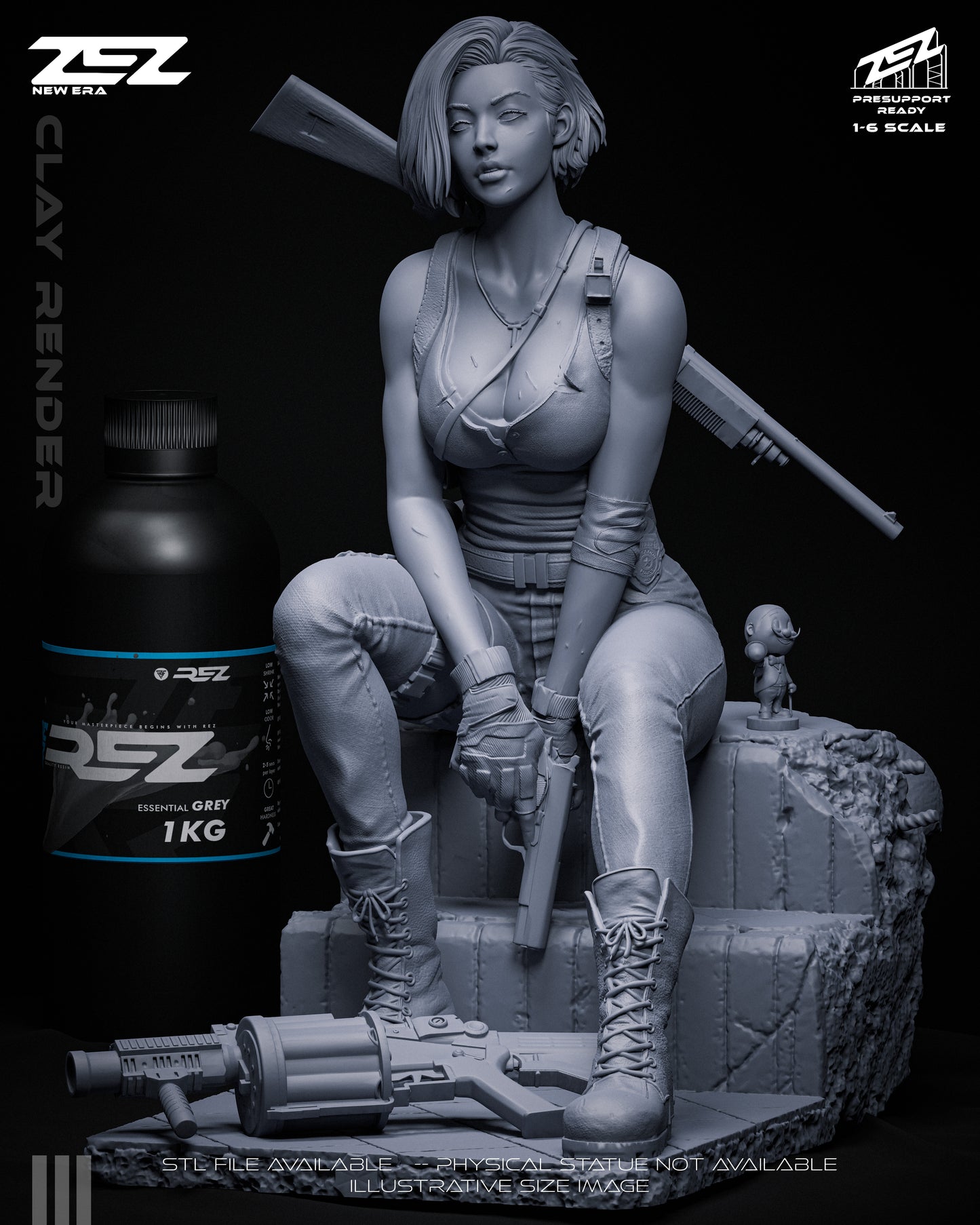 Jill Valentine 1:6 scale figure clay render front view sitting on rubble base holding handgun Resident Evil collectible statue