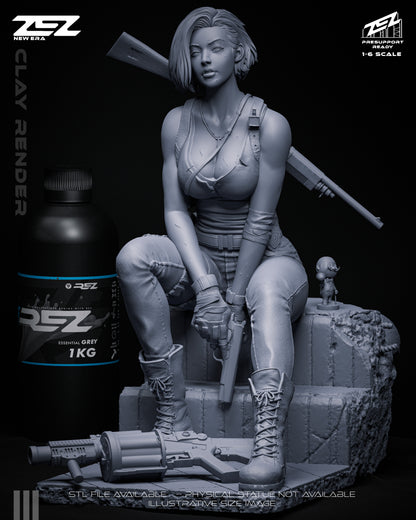 Jill Valentine 1:6 scale figure clay render front view sitting on rubble base holding handgun Resident Evil collectible statue