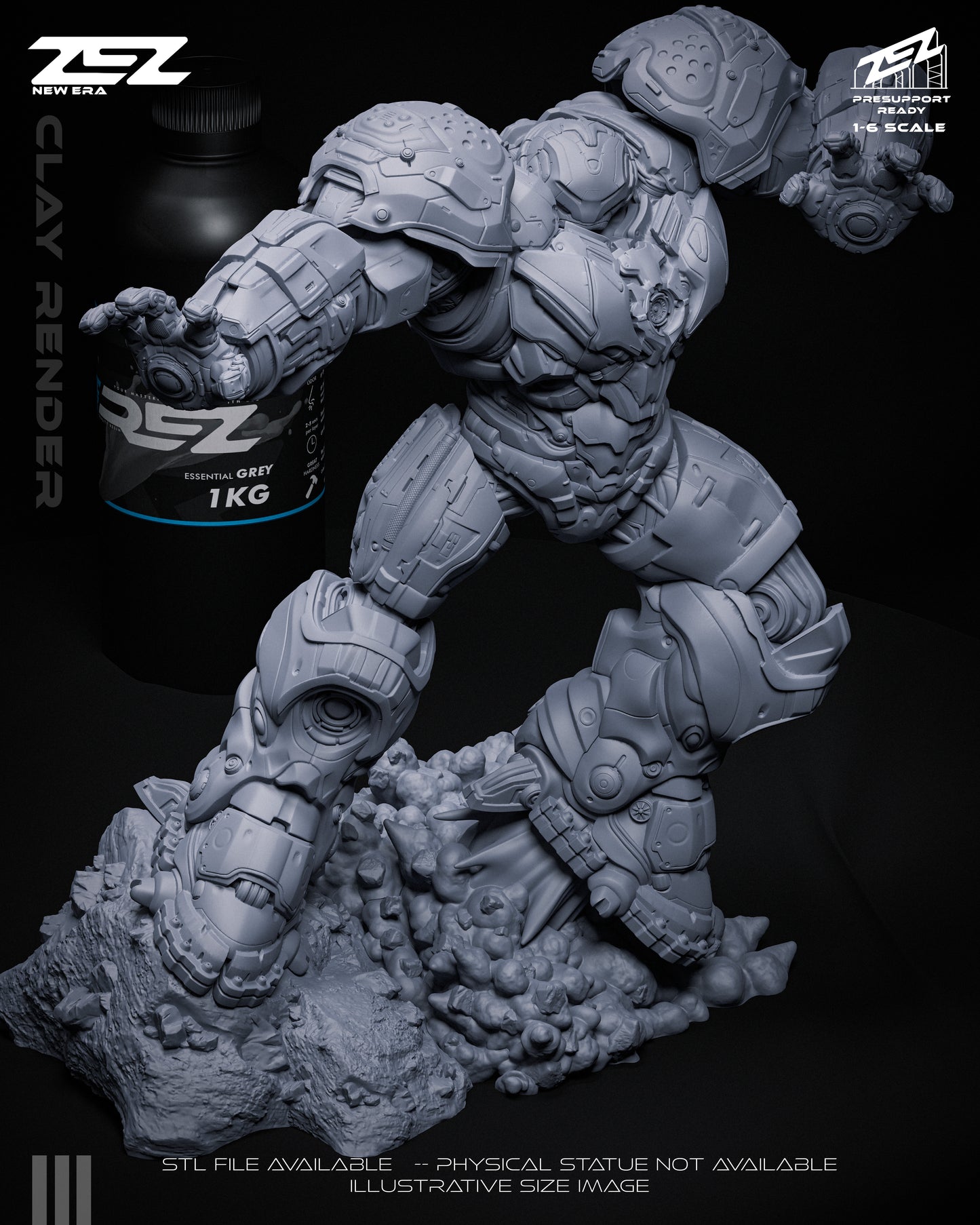 Hulkbuster 1:6 scale figure in clay render, showing the armored giant in a forward-charging stance with raised arms, standing on a rubble base.