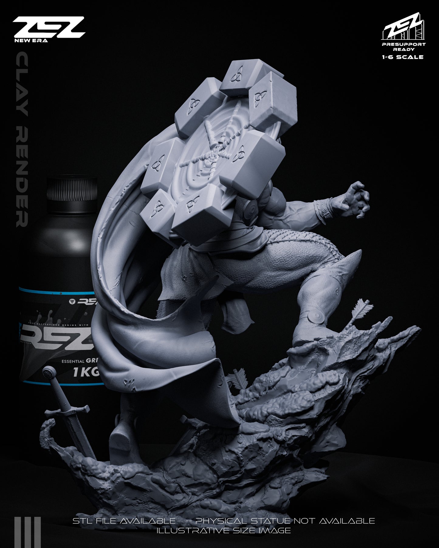 Thor God of Thunder 1:6 scale gray render rear view showing flowing cape, muscular back anatomy, and detailed rocky base