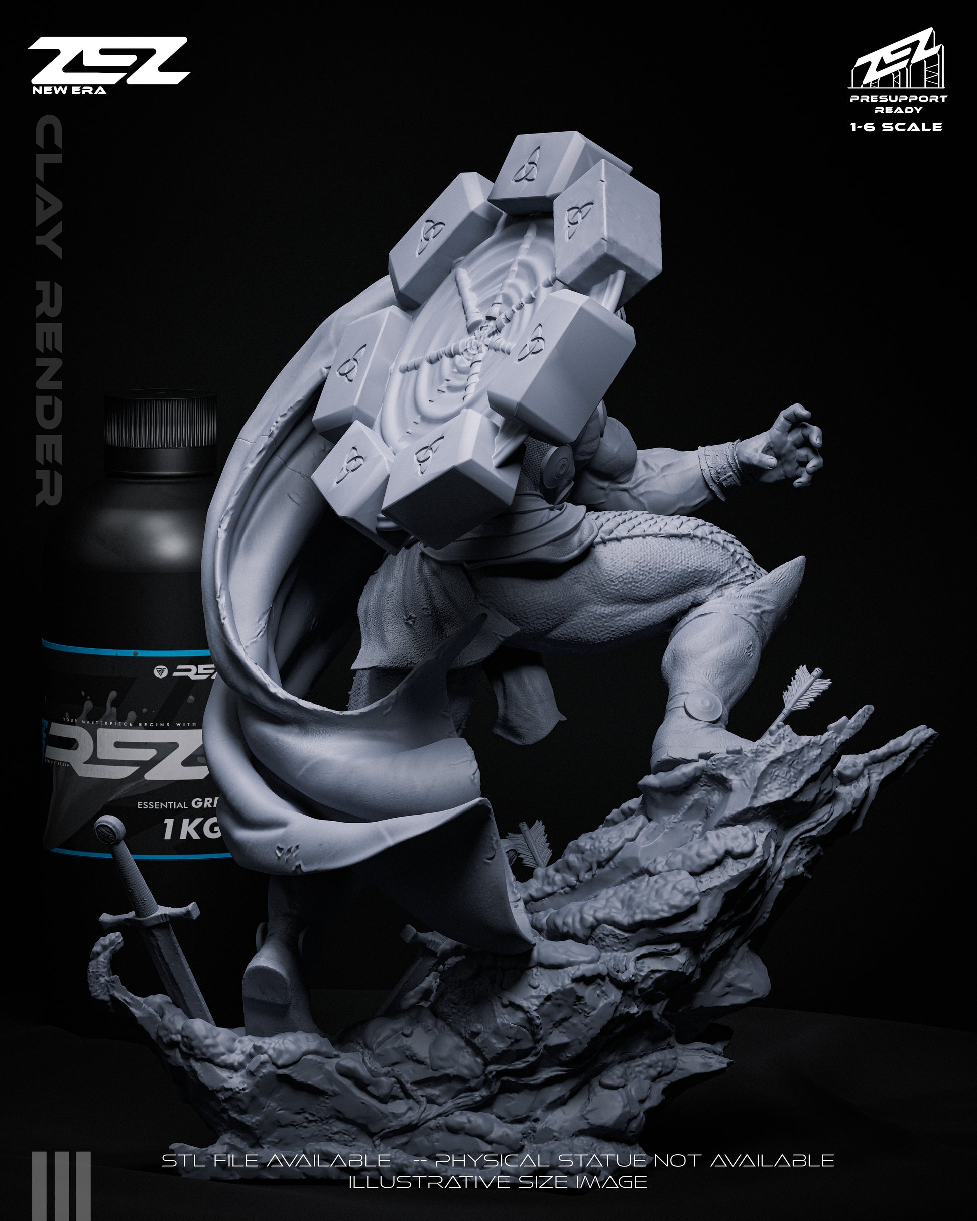 Thor God of Thunder 1:6 scale gray render rear view showing flowing cape, muscular back anatomy, and detailed rocky base