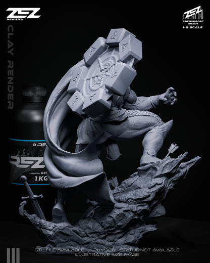 Thor God of Thunder 1:6 scale gray render rear view showing flowing cape, muscular back anatomy, and detailed rocky base