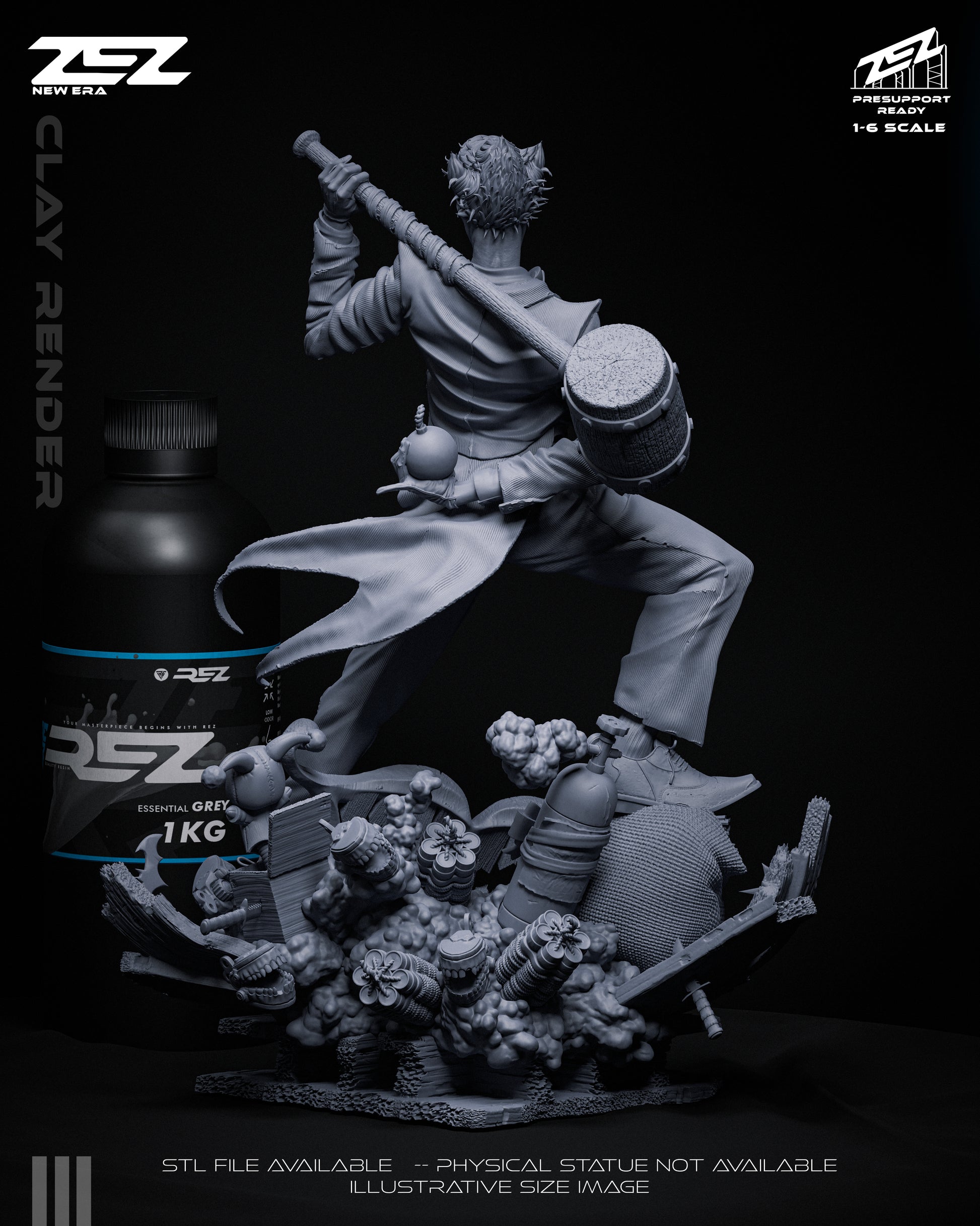Rear clay render of The Joker statue holding mallet and grenade, showing detailed base with explosives – DC Comics Batman 1:6 scale statue.