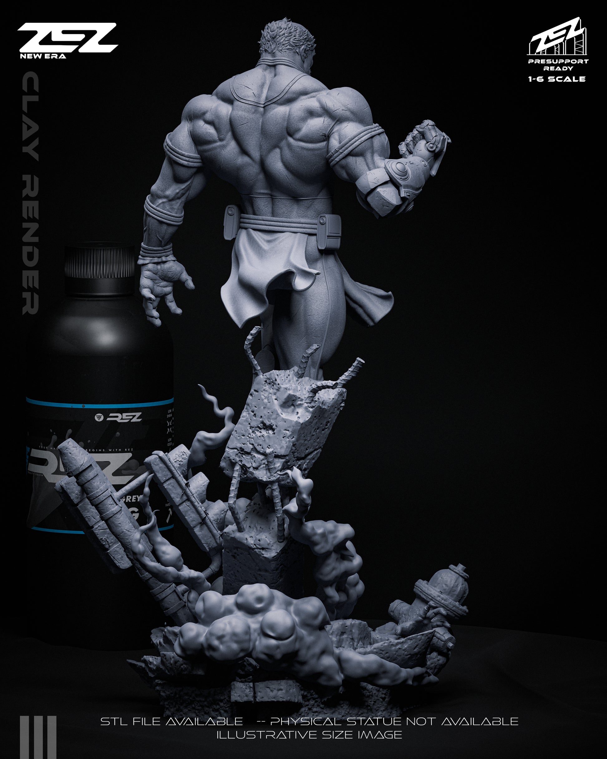 Rear clay render of Conquest, showcasing his muscular back and the destroyed cityscape base.