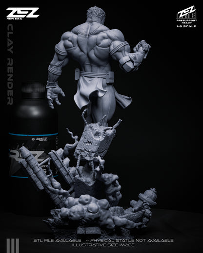 Rear clay render of Conquest, showcasing his muscular back and the destroyed cityscape base.
