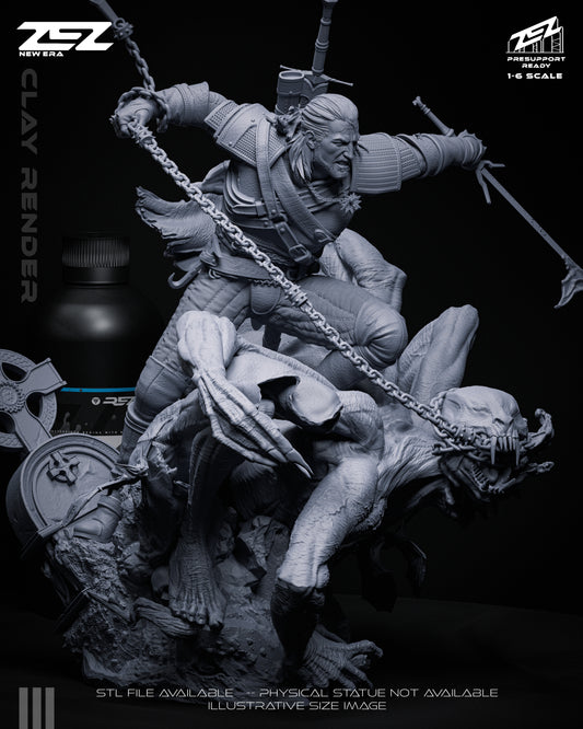 Clay render of Geralt battling chained monster, highlighting detailed sculpt of both hunter and beast in dynamic action scene.