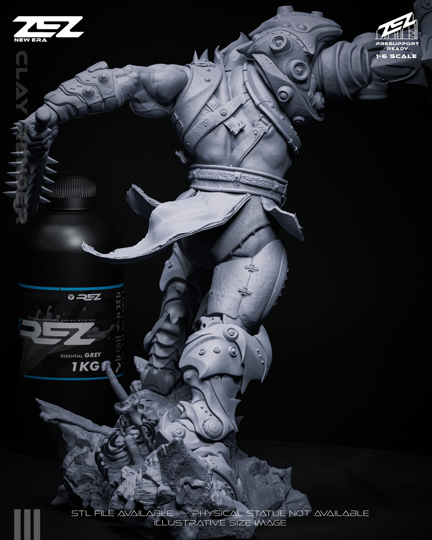 Trapjaw unpainted 1:6 scale figure rear view, cybernetic back armor, strapped harness, armored greaves, flowing waist cloth, rocky terrain base