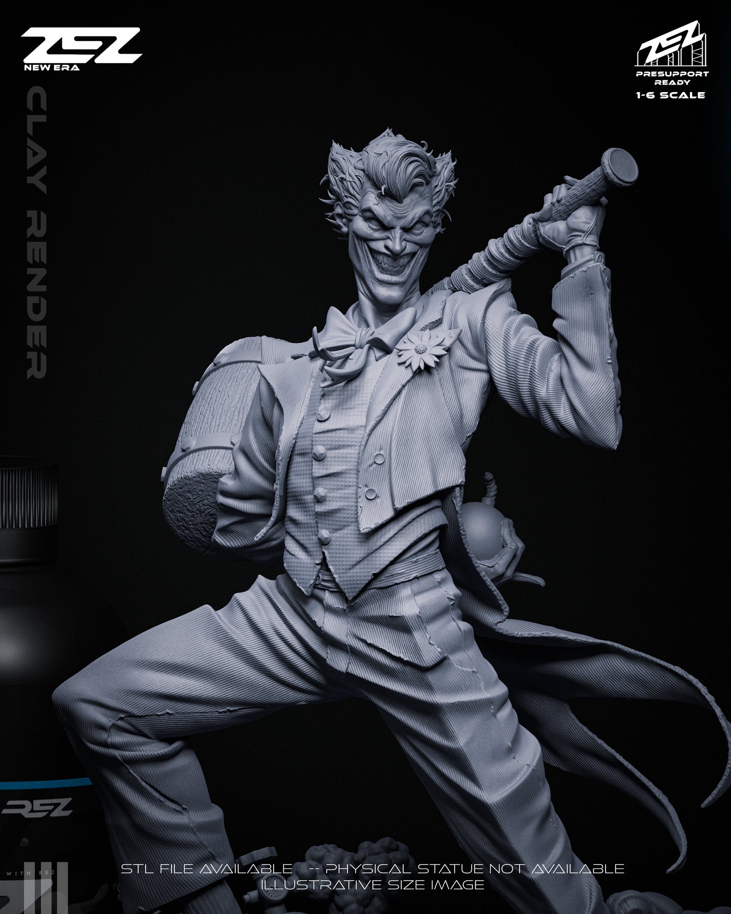 Clay render close-up of The Joker with mallet, grinning expression, and detailed suit textures – DC Comics Batman 1:6 scale statue.