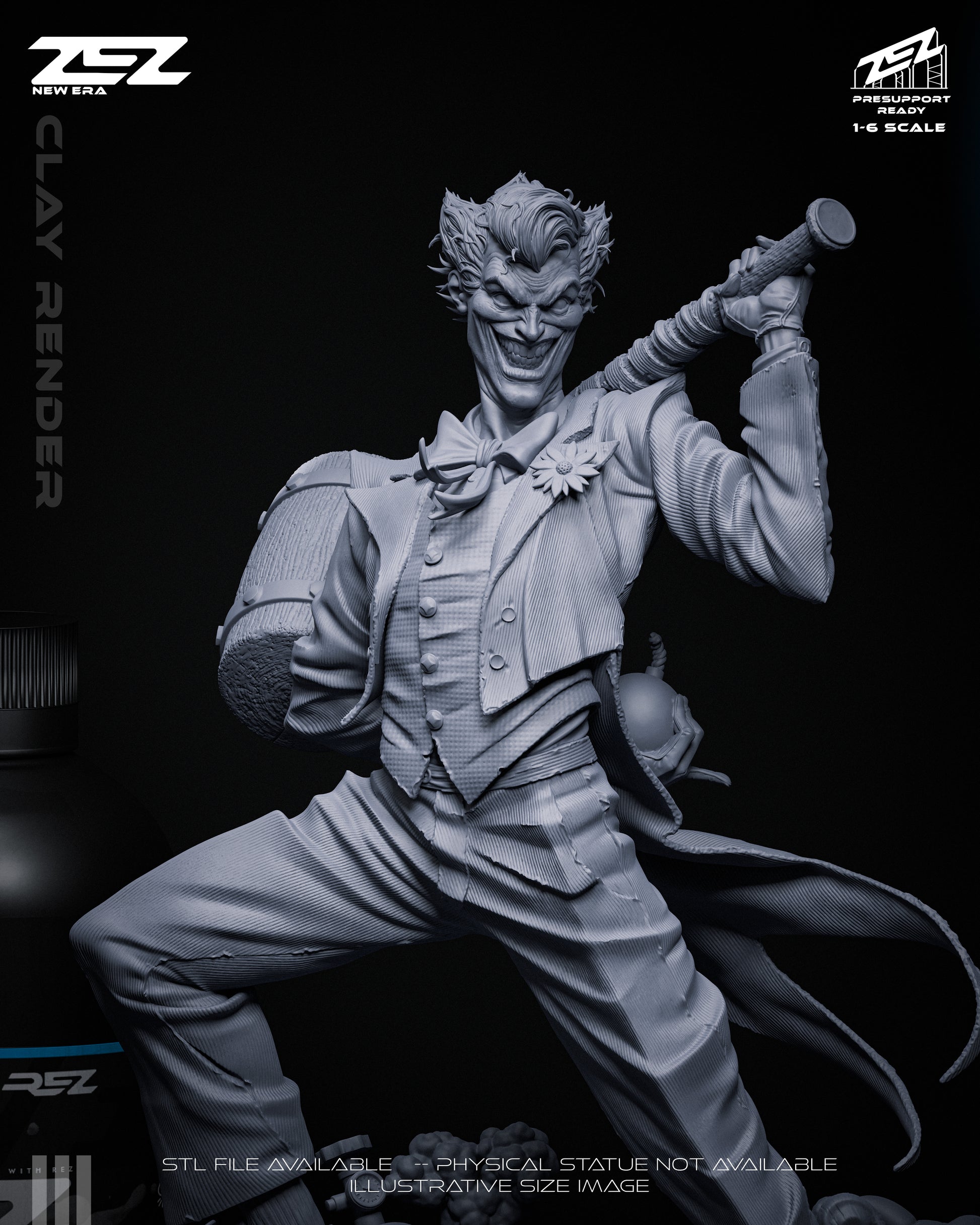 Clay render close-up of The Joker with mallet, grinning expression, and detailed suit textures – DC Comics Batman 1:6 scale statue.