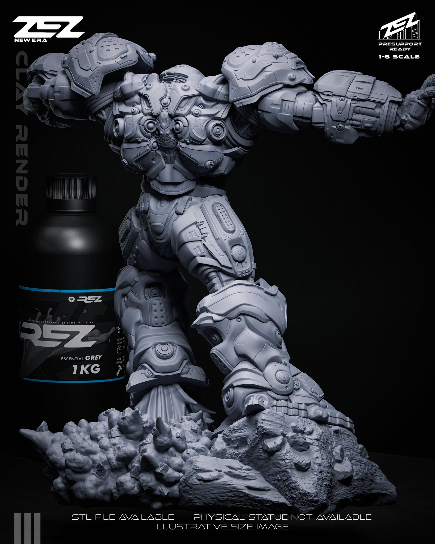 Hulkbuster 1:6 scale model angled to the side, displaying detailed mechanical armor plating and grounded pose over a rocky terrain.