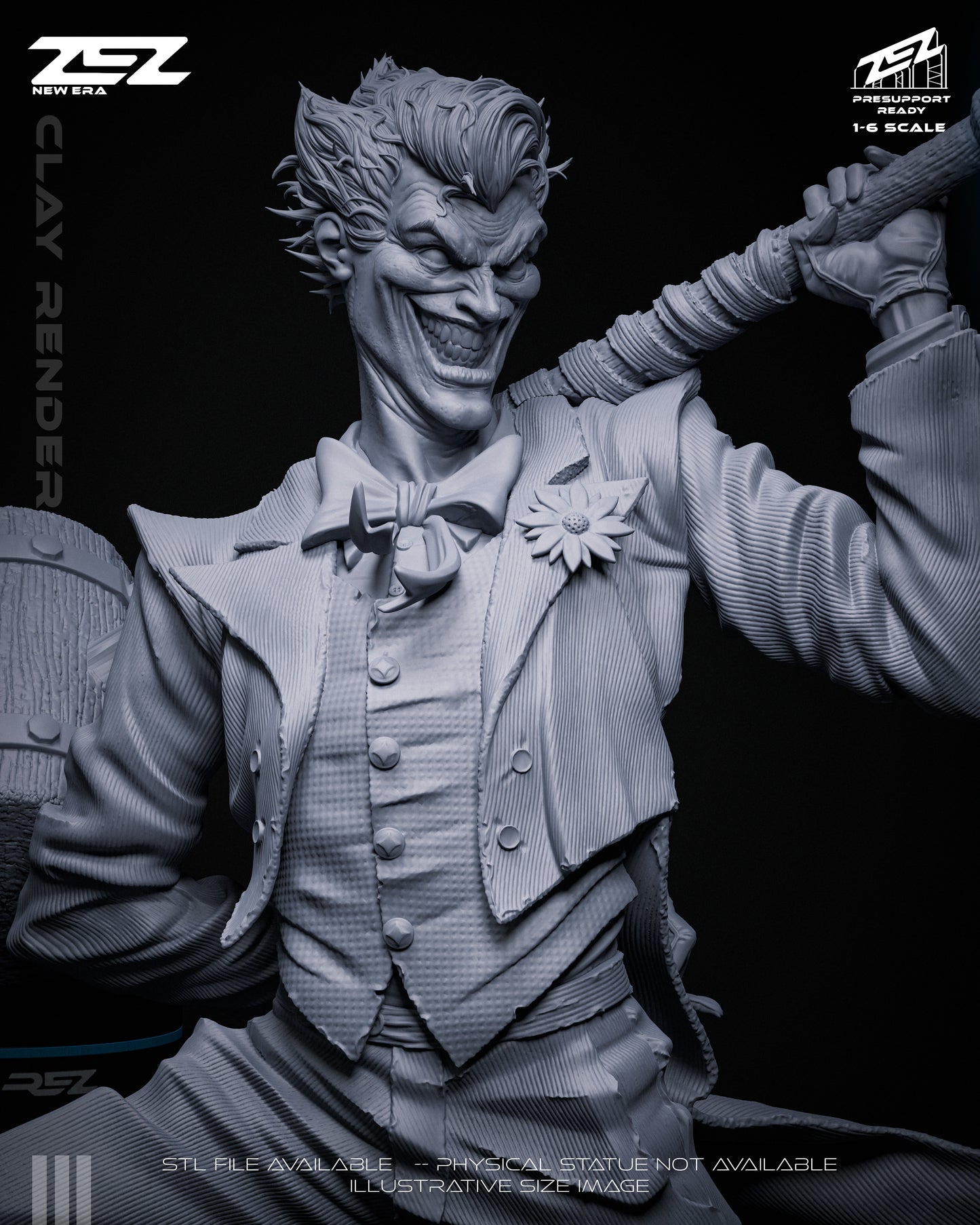 Clay render close-up of The Joker with mallet, grinning expression, and detailed suit textures – DC Comics Batman 1:6 scale statue.