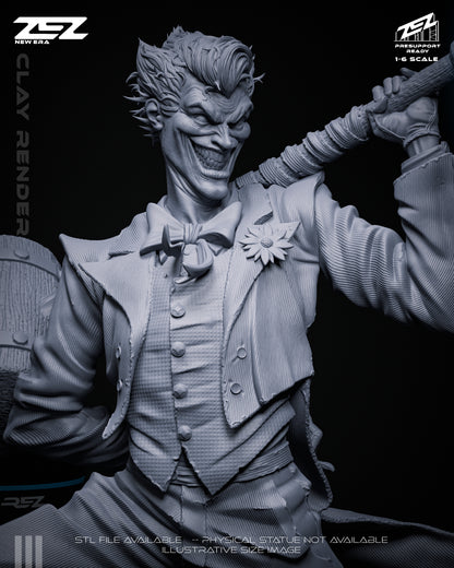 Clay render close-up of The Joker with mallet, grinning expression, and detailed suit textures – DC Comics Batman 1:6 scale statue.