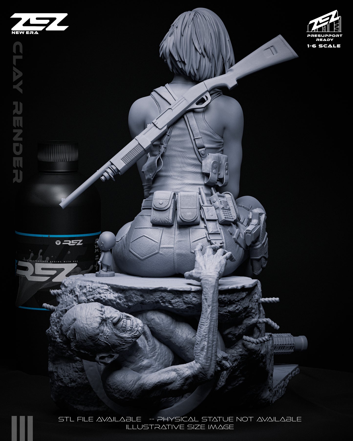 Jill Valentine 1:6 scale figure clay render back view sitting on rubble base with rifle on back Resident Evil collectible statue