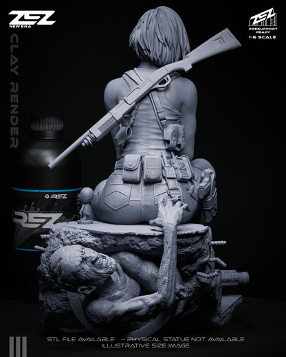 Jill Valentine 1:6 scale figure clay render back view sitting on rubble base with rifle on back Resident Evil collectible statue