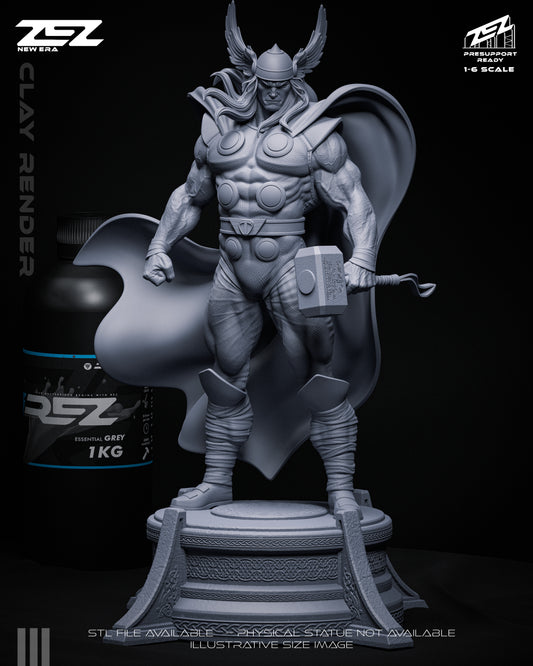 Thor 1:6 scale clay render front view — grayscale version showing sculpted musculature, winged helmet, cape, and hammer details with Asgardian-style base.