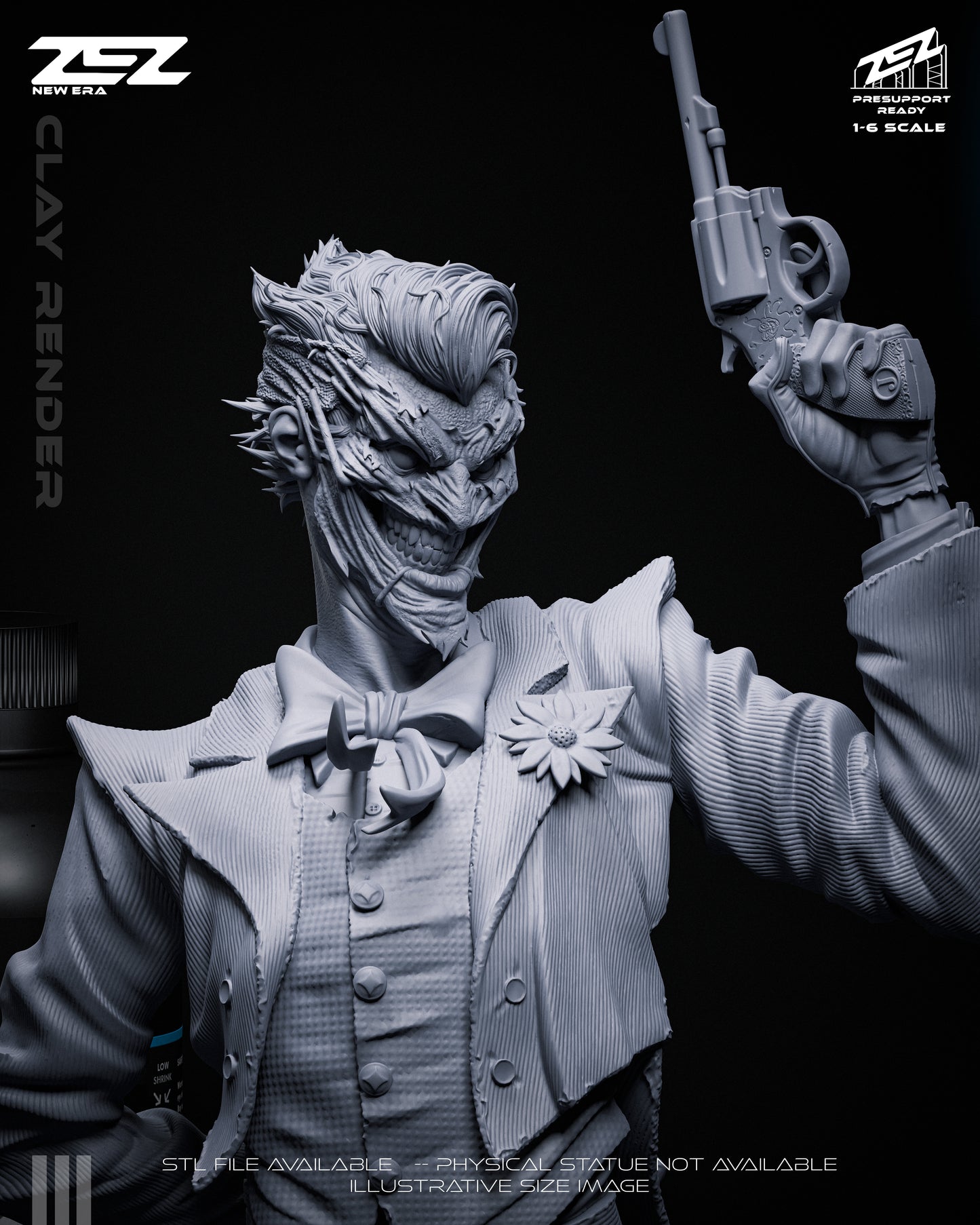 Clay render close-up of The Joker with gun, grinning expression, and detailed suit textures – DC Comics Batman 1:6 scale statue.