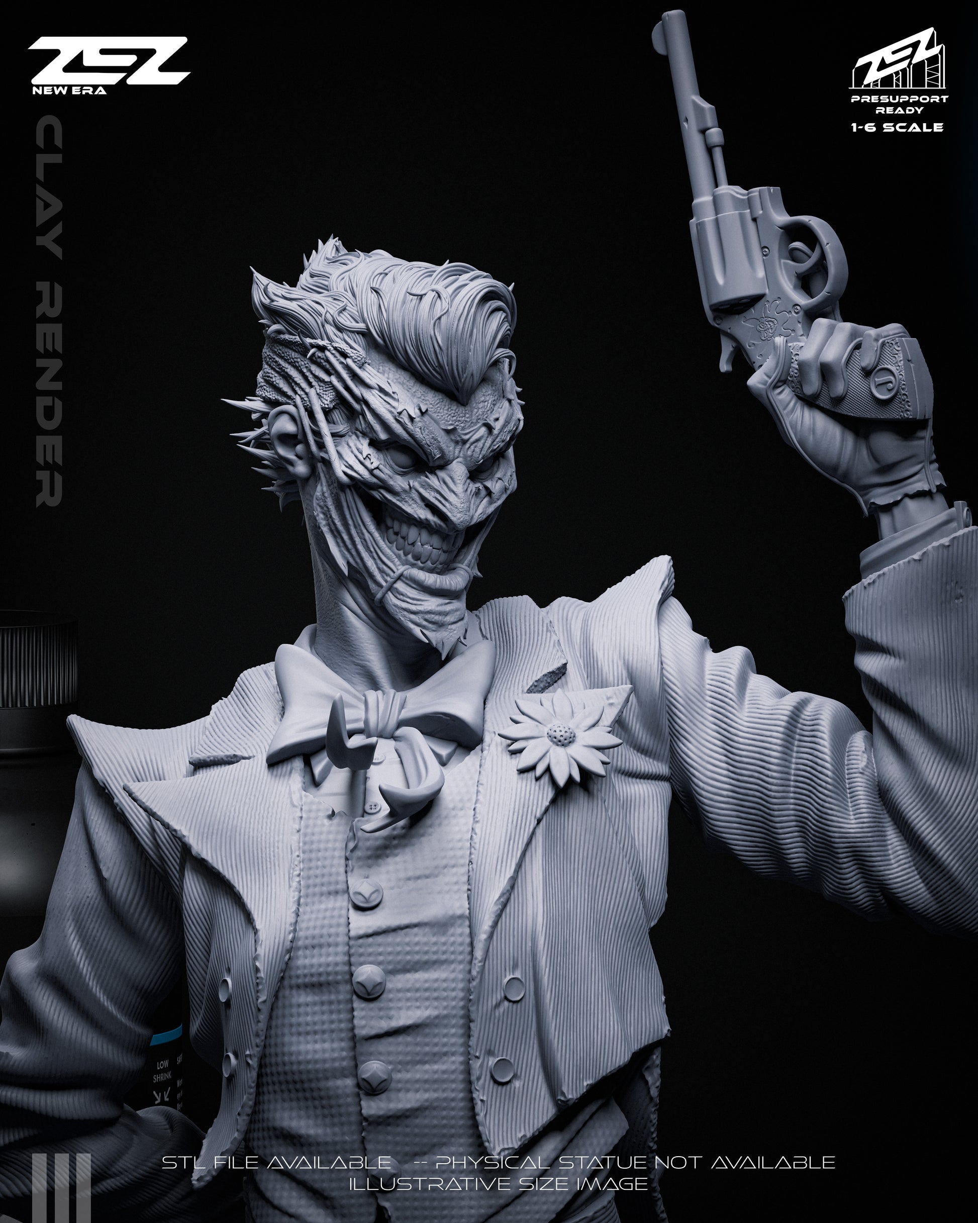 Clay render close-up of The Joker with gun, grinning expression, and detailed suit textures – DC Comics Batman 1:6 scale statue.