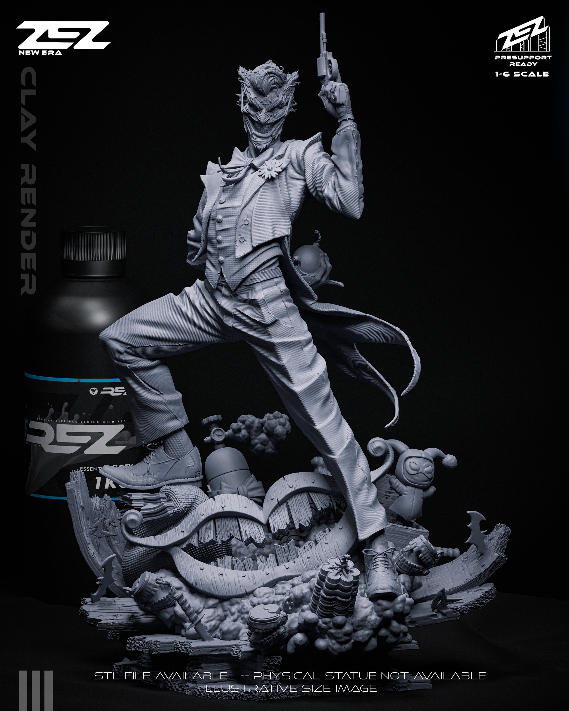 Full figure of The Joker statue holding a revolver, standing on a carnival base with dynamite, teeth, and clown props – DC Comics Batman 1:6 scale collectible.