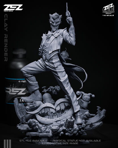 Full figure of The Joker statue holding a revolver, standing on a carnival base with dynamite, teeth, and clown props – DC Comics Batman 1:6 scale collectible.