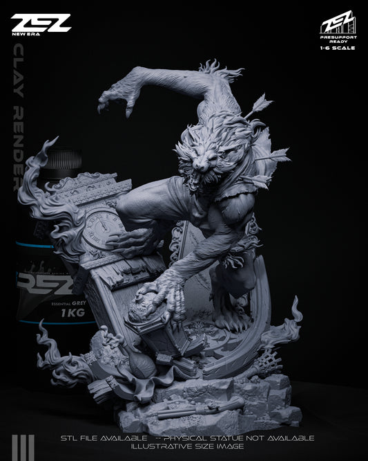 Werewolf clay render front view showing lunging pose, detailed fur, and shattered base elements.
