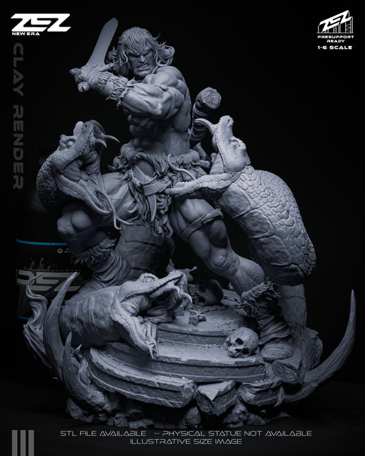 Conan the Barbarian clay-style render front view showing sword raised overhead, muscular body, fur clothing details, and serpentine creatures attacking from multiple directions on rocky base.