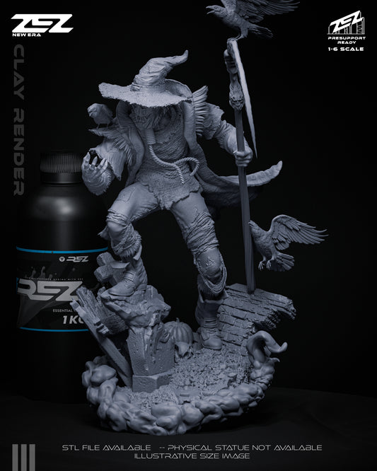 Scarecrow clay render front view featuring stitched coat, scythe, and pumpkin base.