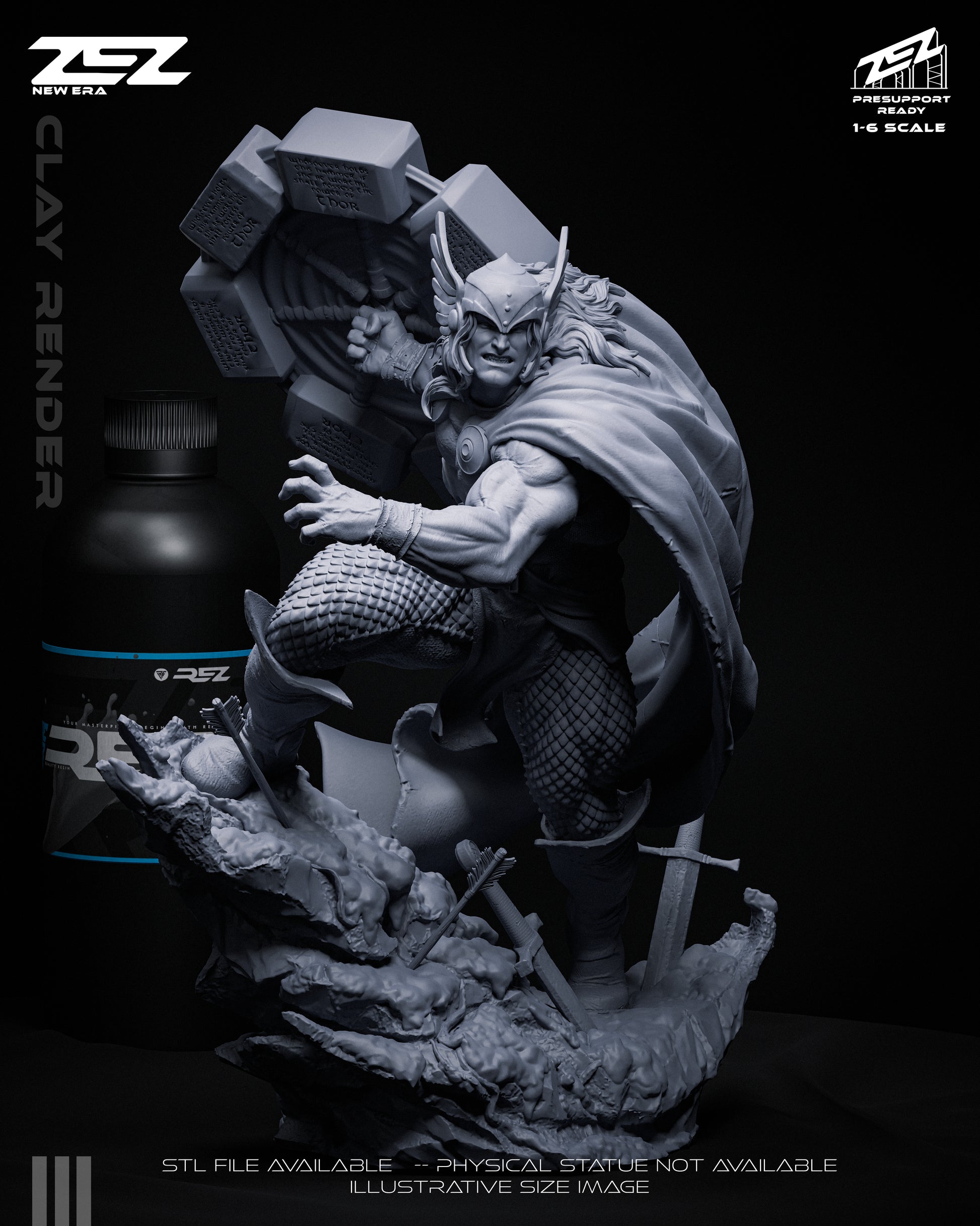 Thor God of Thunder 1:6 scale gray render figure, armored Norse deity posed mid-strike on jagged stone base with embedded weapons